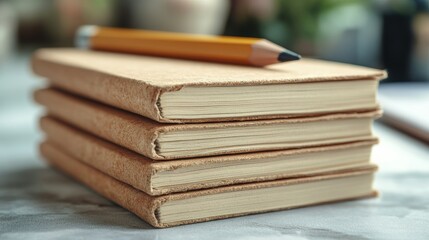 Naklejka premium Collection of blank notebooks stacked on a table with a pencil resting on top