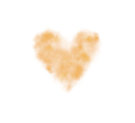 Realistic smoky orange fluffy heart shaped cloud on transparent background. Romantic golden translucent smoke floating in the shape of a heart. PNG.