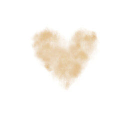 Realistic smoky golden fluffy heart shaped cloud on transparent background. Romantic golden translucent smoke floating in the shape of a heart. PNG.