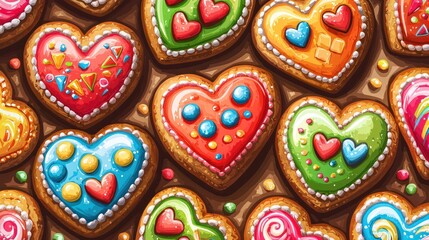 Colorful heart-shaped cookies decorated with icing.