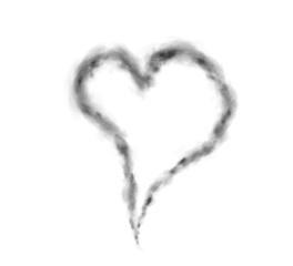 Realistic smoky black fluffy heart shaped cloud on transparent background. Romantic golden translucent smoke floating in the shape of a heart. PNG.