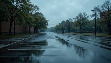 Glistening road mirrors sky in serene reflection; white lines guide through misty allure, flanked by lush landscapes stretching into the distance
