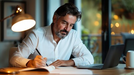 Fototapeta premium A focused man writes at a desk, illuminated by a lamp, with a laptop nearby, suggesting productivity and creativity in a cozy environment.