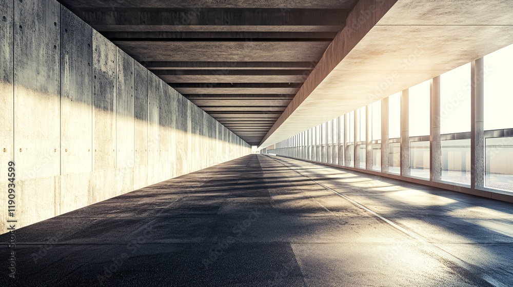 Poster Empty modern concrete corridor with sunlight passing through large windows