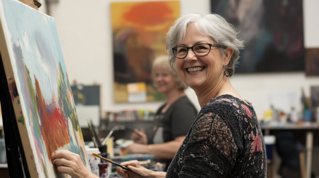 Smiling senior woman painting in a group art class