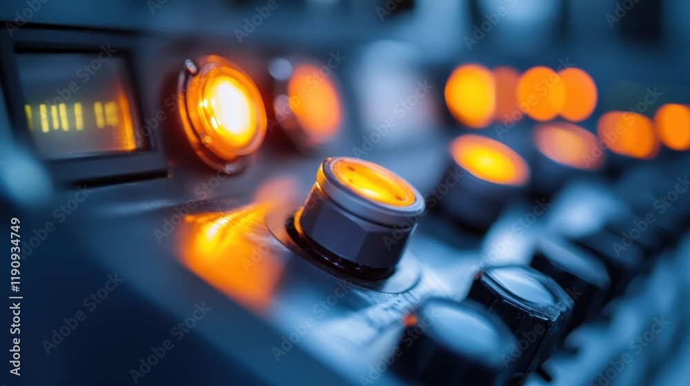 Poster illuminated buttons and switches on a control panel suggest advanced technology and precise monitori