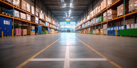 spacious warehouse interior with organized shelves and bright lighting, showcasing clean and efficient storage area