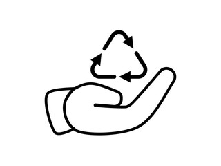hand icon with recycling arrow, simple flat style, pictogram logo sign symbol vector illustration, isolated on white for mobile app