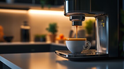 Compact kitchen robot brewing coffee and serving it in a cup on a clean counter.