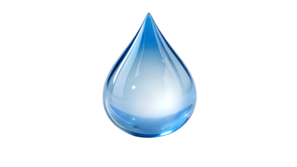 A hyper-realistic blue water droplet, perfectly shaped, with a shiny and reflective surface. The droplet is smooth and translucent, glowing with soft white highlights and subtle gradients 
