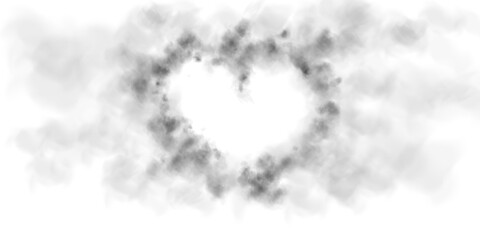 Realistic smoky black fluffy heart shaped cloud on transparent background. Romantic golden translucent smoke floating in the shape of a heart. PNG.
