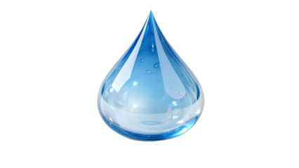 A hyper-realistic blue water droplet, perfectly shaped, with a shiny and reflective surface. The droplet is smooth and translucent, glowing with soft white highlights and subtle gradients 