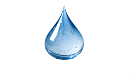 A hyper-realistic blue water droplet, perfectly shaped, with a shiny and reflective surface. The droplet is smooth and translucent, glowing with soft white highlights and subtle gradients 