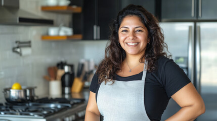 Confident Hispanic Woman Posing in a Modern Kitchen
