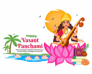 Goddess of wisdom saraswati for happy vasant panchami traditional indian festival