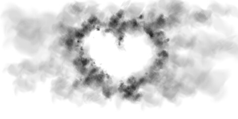 Realistic smoky black fluffy heart shaped cloud on transparent background. Romantic golden translucent smoke floating in the shape of a heart. PNG.

