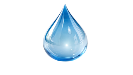 A hyper-realistic blue water droplet, perfectly shaped, with a shiny and reflective surface. The droplet is smooth and translucent, glowing with soft white highlights and subtle gradients 