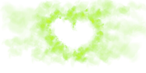 Realistic smoky green fluffy heart shaped cloud on transparent background. Romantic golden translucent smoke floating in the shape of a heart. PNG