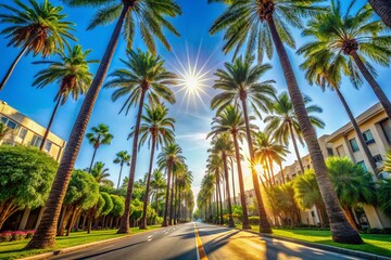 Fototapeta premium Palm Tree Lined Street, Upward View, Sunny Day, Wide Shot, Cinematic