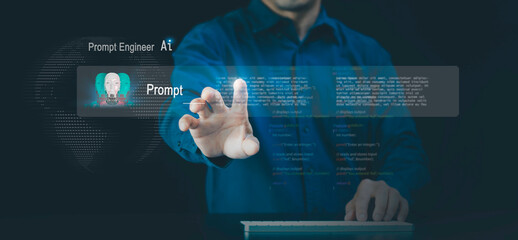 Prompt Engineer concept. Experts in customizing and improving results, working to improve AI systems, summarizing, analyzing data, creating content such as writing, images, videos, coding, chatbot