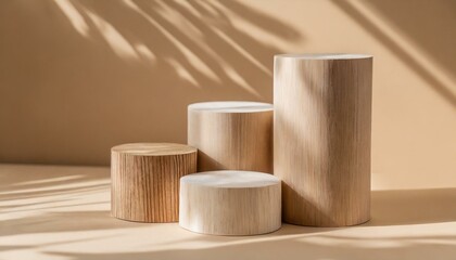 natural wood minimal pedestal podium, light beige, brown background for cosmetic product presentation, 3d rendering beige illustration.