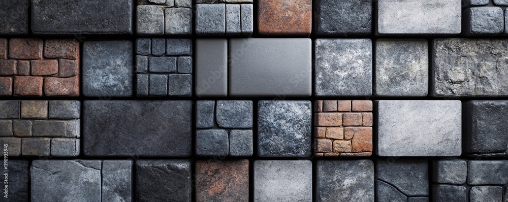 Aufkleber gray metallic block contrasting with textured stone blocks: building material variety