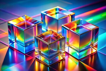 Panoramic 3D Glossy Cubes: Rainbow Reflection Glass Prisms, Holographic Crystal Dispersion
