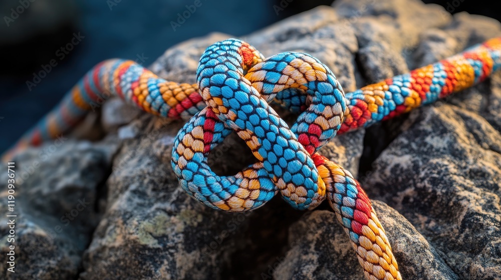 Poster a detailed image of an eight-climbing knot tied in colorful rope, resting on a rocky terrain, symbol