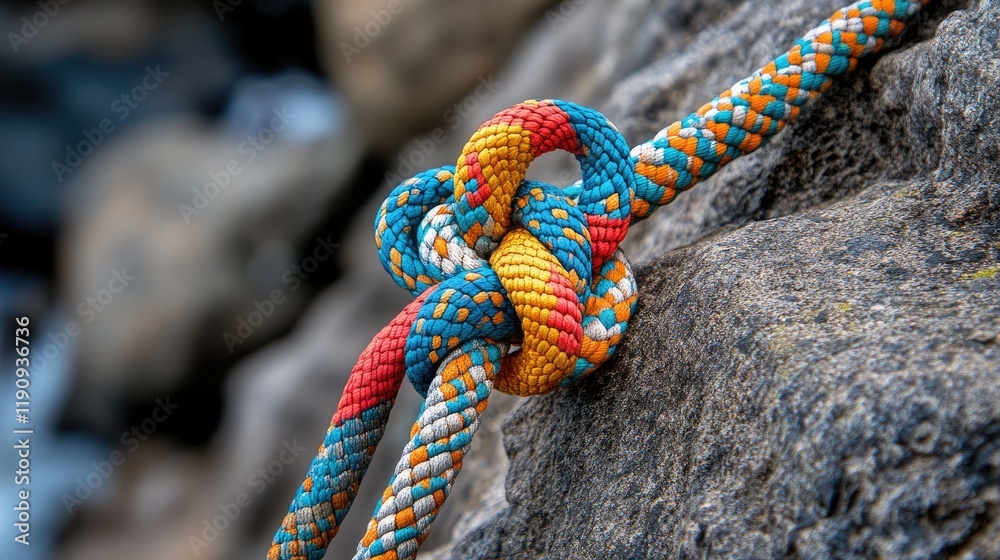 Poster a detailed image of an eight-climbing knot tied in colorful rope, resting on a rocky terrain, symbol