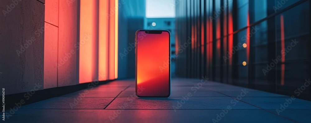 Aufkleber smartphone showing red and orange background displaying in urban environment at night