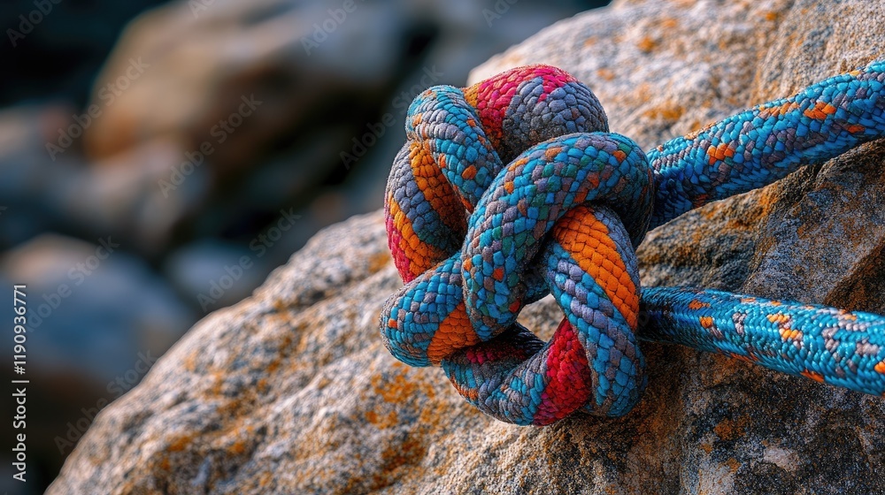 Poster a detailed image of an eight-climbing knot tied in colorful rope, resting on a rocky terrain, symbol