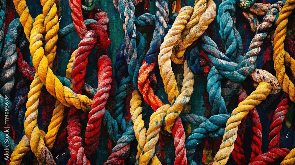 Poster A detailed image of intertwined colorful climbing ropes, creating a striking and dynamic background that captures the spirit of adventure and outdoor activities
