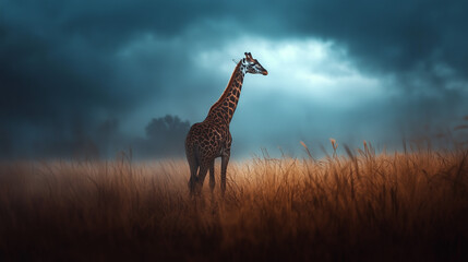 Elegance in the Storm: A Giraffe Amidst a Brooding Sky