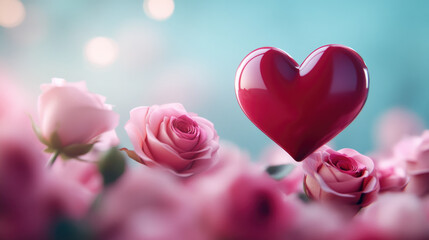Obraz premium Romantic heart falling into a massive bed of roses for valentine's day captured in a lovely realistic photo to celebrate passionate weddings and anniversaries