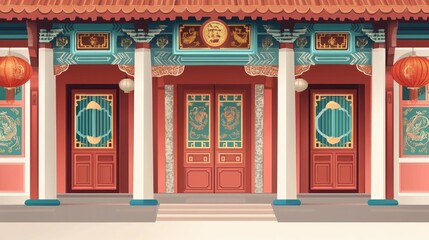 A detailed vector illustration of a traditional Chinatown house facade with ornate temple gates, offering a glimpse into Asian architectural style and cultural symbolism