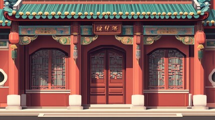 A detailed vector illustration of a traditional Chinatown house facade with ornate temple gates, offering a glimpse into Asian architectural style and cultural symbolism