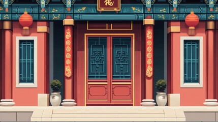 Fototapeta premium A detailed vector illustration of a traditional Chinatown house facade with ornate temple gates, offering a glimpse into Asian architectural style and cultural symbolism