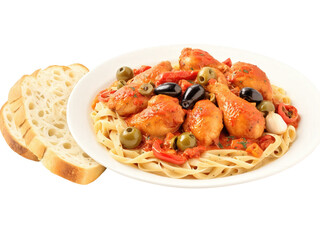 Chicken Cacciatore Chicken pieces slow-cooked in a tomato-based sauce with onions, peppers, garlic, and olives. Served with pasta or crusty