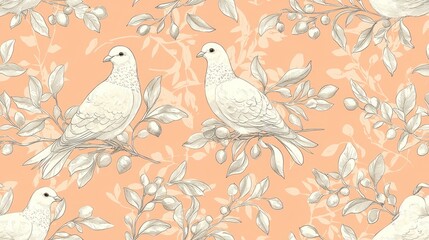 Obraz premium Pattern of doves and leaves on a peach background.