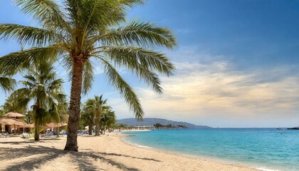 Fototapeta premium Beautiful tropical beach with palm trees, sunset beach seascape, design template for travel banner.
