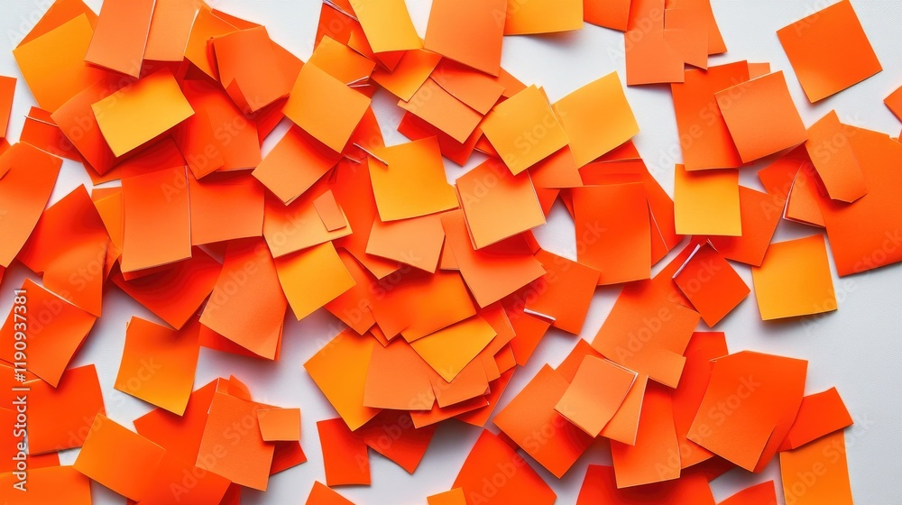 Poster a disordered arrangement of bright orange sticky notes on a white surface, emphasizing the chaos and