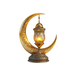 Ornate Crescent Moon with Illuminated Lantern - Ramadan Kareem Decoration