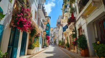 Fototapeta premium Charming Mediterranean Alleyway with Vibrant Flowers