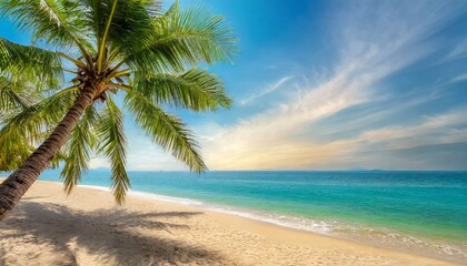 Beautiful tropical beach with palm trees, sunset beach seascape, design template for travel banner.