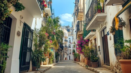 Fototapeta premium Charming Spanish Alleyway with Lush Plants and Flowers