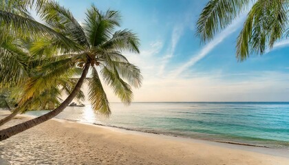Obraz premium Beautiful tropical beach with palm trees, sunset beach seascape, design template for travel banner.