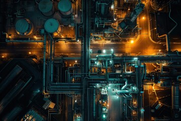 Fototapeta premium Aerial view of industrial pipes and structures illuminated at night.