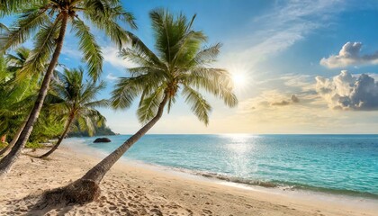 Obraz premium Beautiful tropical beach with palm trees, sunset beach seascape, design template for travel banner.