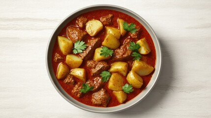 Hearty Beef and Potato Stew in Rustic Setting with Fresh Ingredients and Warm Lighting.