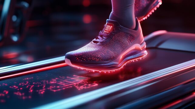Futuristic Smart Running Shoe on a Digital Treadmill. Generative AI